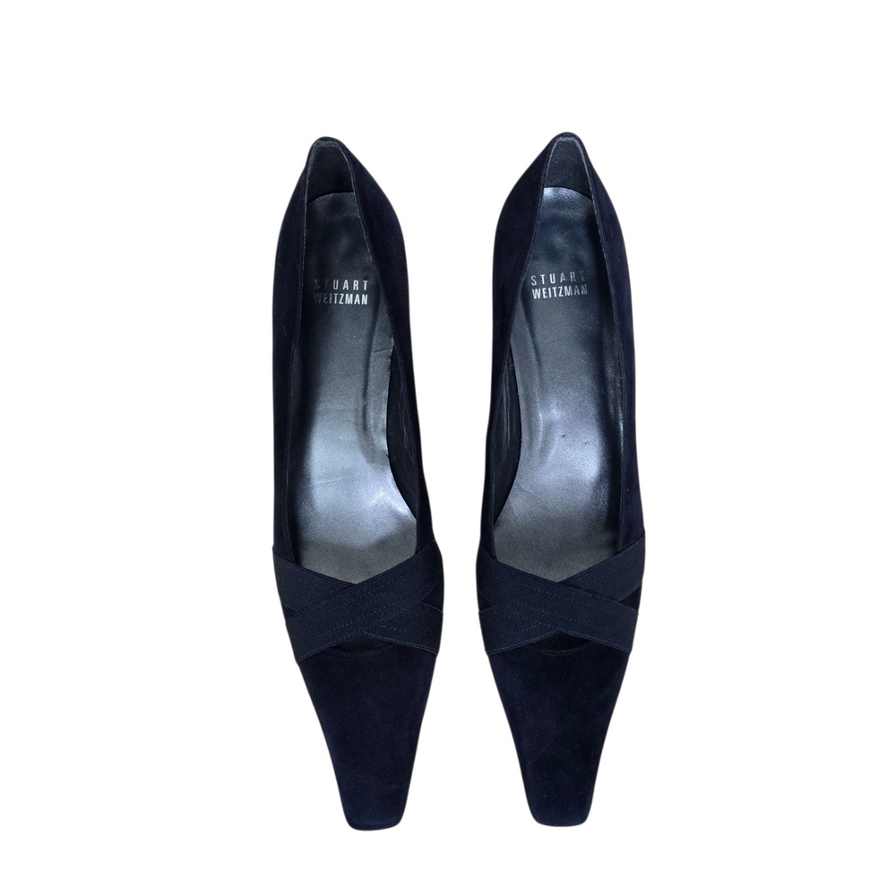 Stuart Weitzman Navy Blue Suede Kitten Heel Pumps Pointed Square Toe Size 9.5 - Picture 2 of 7